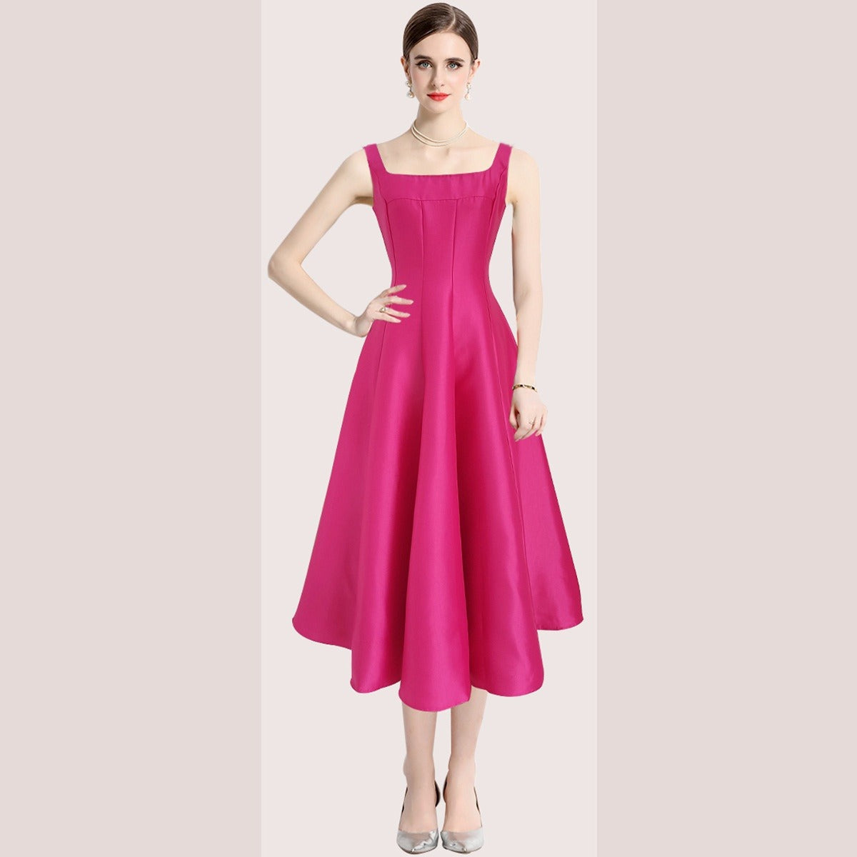 Robe Midi Femme à Bretelles Vintage – Coupe Ajustée Sans Manches