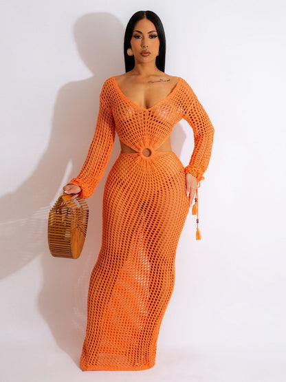 Robe de Plage Femme Crochet Boho – Découpe à la Taille & Détails à Franges