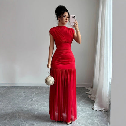 Robe Maxi Femme en Mesh Froncé – Élégance Plissée Ajustée