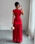 Robe Maxi Femme en Mesh Froncé – Élégance Plissée Ajustée