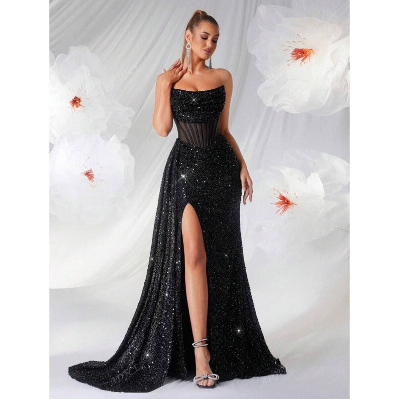 Robe de soirée longue pour femme – Corsage structuré semi-transparent et jupe évasée