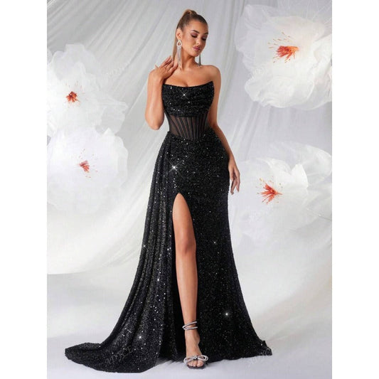 Robe de soirée longue pour femme – Corsage structuré semi-transparent et jupe évasée