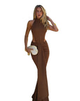 Robe Longue Femme Moulante à Dos Nu – Col Halter Froncé avec Découpes