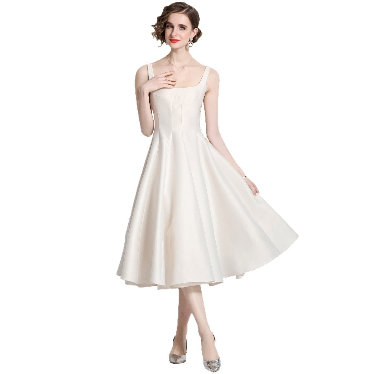 Robe Midi Femme à Bretelles Vintage – Coupe Ajustée Sans Manches