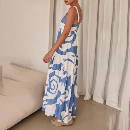 Robe Femme Bretelles Fines Sans Manches Longueur Maxi – Taille Mi-Haute