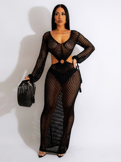 Robe de Plage Femme Crochet Boho – Découpe à la Taille & Détails à Franges