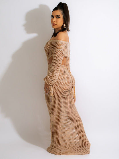 Robe de Plage Femme Crochet Boho – Découpe à la Taille & Détails à Franges