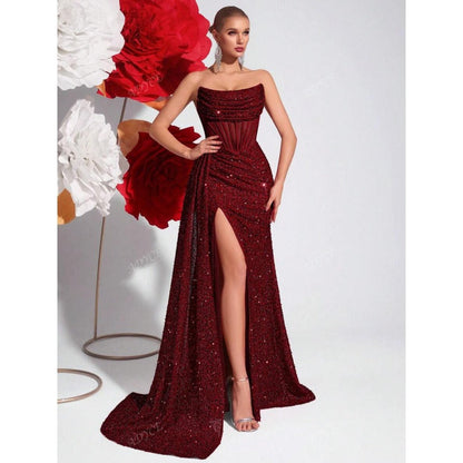 Robe de soirée longue pour femme – Corsage structuré semi-transparent et jupe évasée
