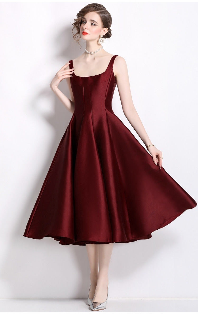 Robe Midi Femme à Bretelles Vintage – Coupe Ajustée Sans Manches