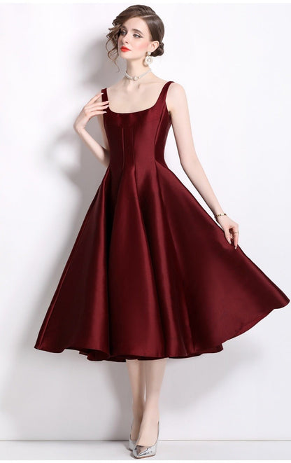 Robe Midi Femme à Bretelles Vintage – Coupe Ajustée Sans Manches