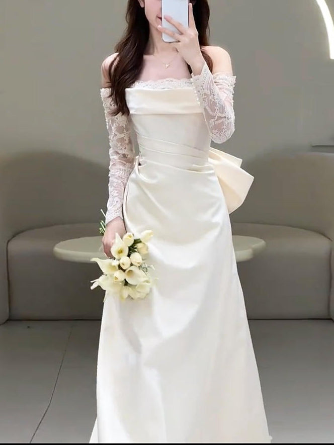 Robe Longue Femme Satin – Manches en Dentelle et Col Bardot