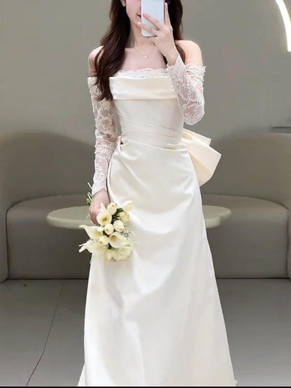 Robe Longue Femme Satin – Manches en Dentelle et Col Bardot