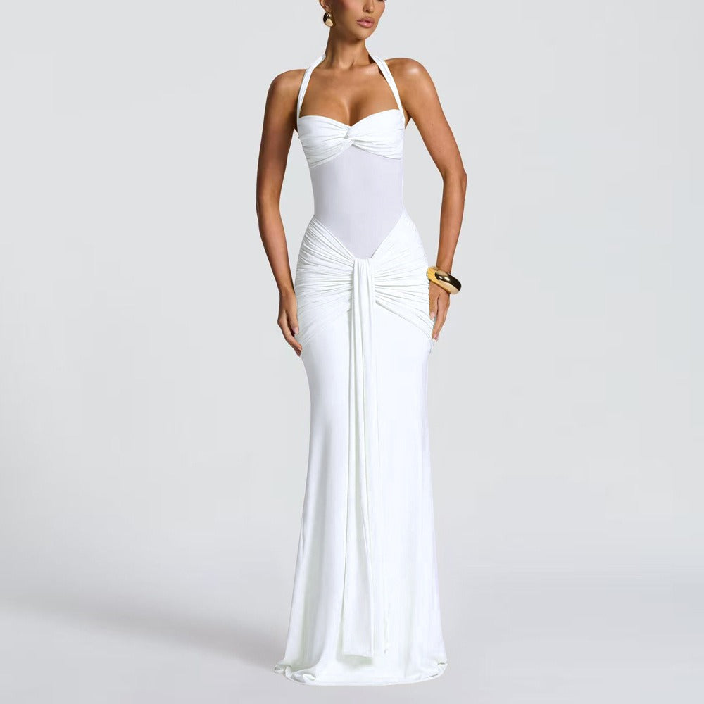 Robe Longue Moulante Froncée pour Femme – Robe de Soirée à Empiècement Transparent