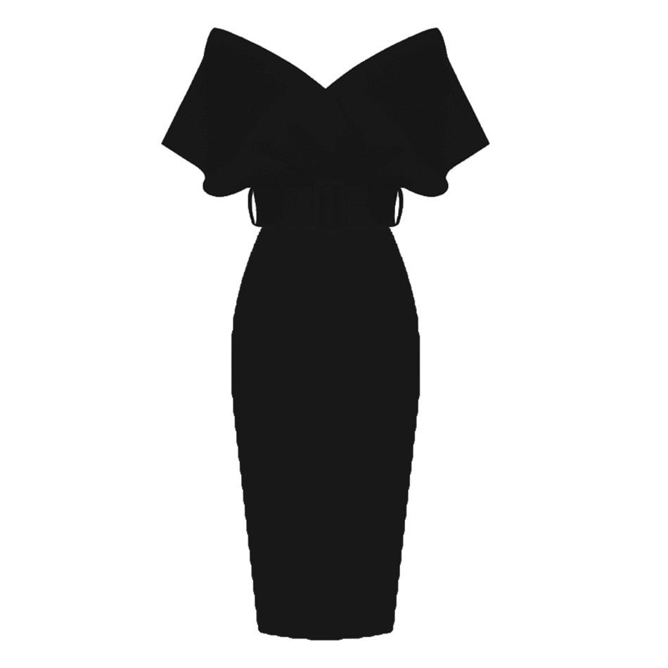 Robe Midi Femme Épaules Dénudées – Ceinturée Coupe Bodycon Structurée