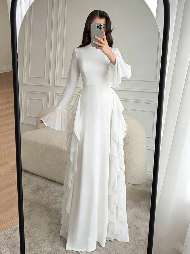 Robe Longue Femme à Volants – Tissu Fluide Léger et Manches Évasées