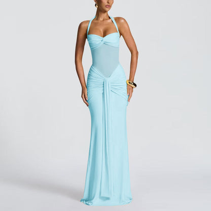 Robe Longue Moulante Froncée pour Femme – Robe de Soirée à Empiècement Transparent