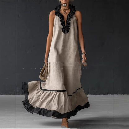 Robe Maxi Femme à Volants en Coton – Silhouette Trapèze Sans Manches