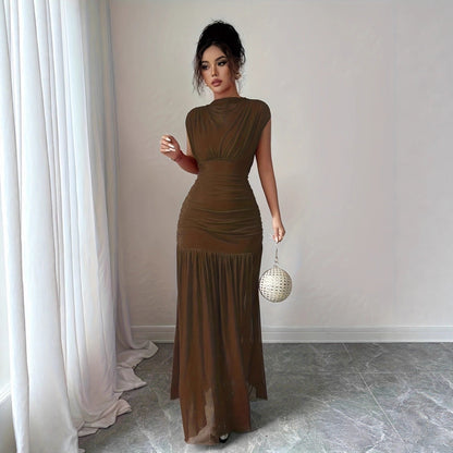 Robe Maxi Femme en Mesh Froncé – Élégance Plissée Ajustée