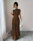 Robe Maxi Femme en Mesh Froncé – Élégance Plissée Ajustée