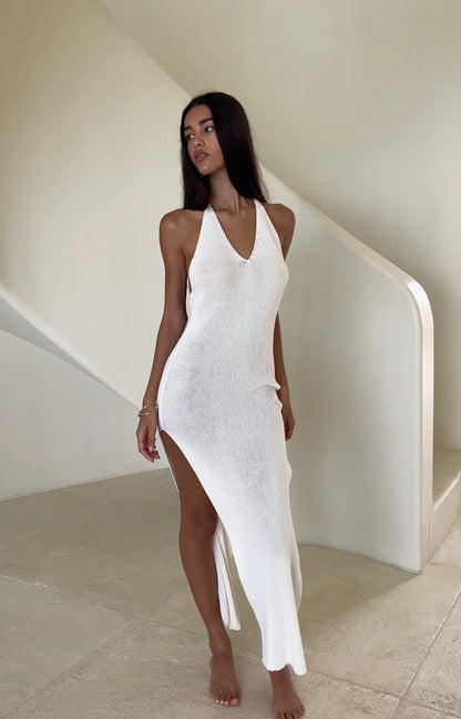 Robe Maxi Dos Nu Maille Côtelée Femme – Coupe Slim Sans Manches Resortwear