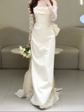 Robe Longue Femme Satin – Manches en Dentelle et Col Bardot