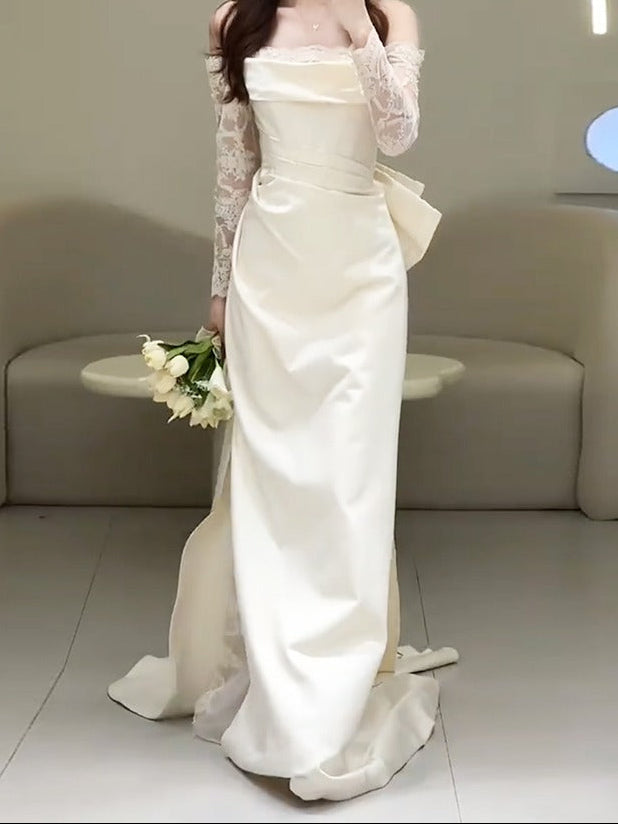 Robe Longue Femme Satin – Manches en Dentelle et Col Bardot