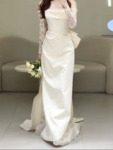 Robe Longue Femme Satin – Manches en Dentelle et Col Bardot