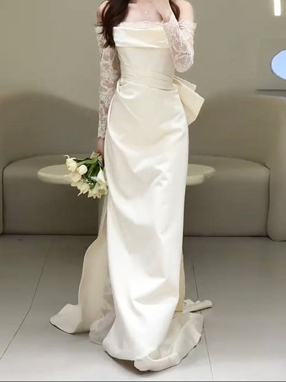 Robe Longue Femme Satin – Manches en Dentelle et Col Bardot