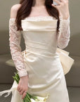 Robe Longue Femme Satin – Manches en Dentelle et Col Bardot