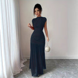 Robe Maxi Femme en Mesh Froncé – Élégance Plissée Ajustée