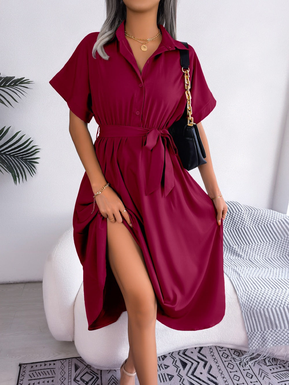 Robe Chemise Femme Loose – Ceinture Nouée & Coupe Décontractée