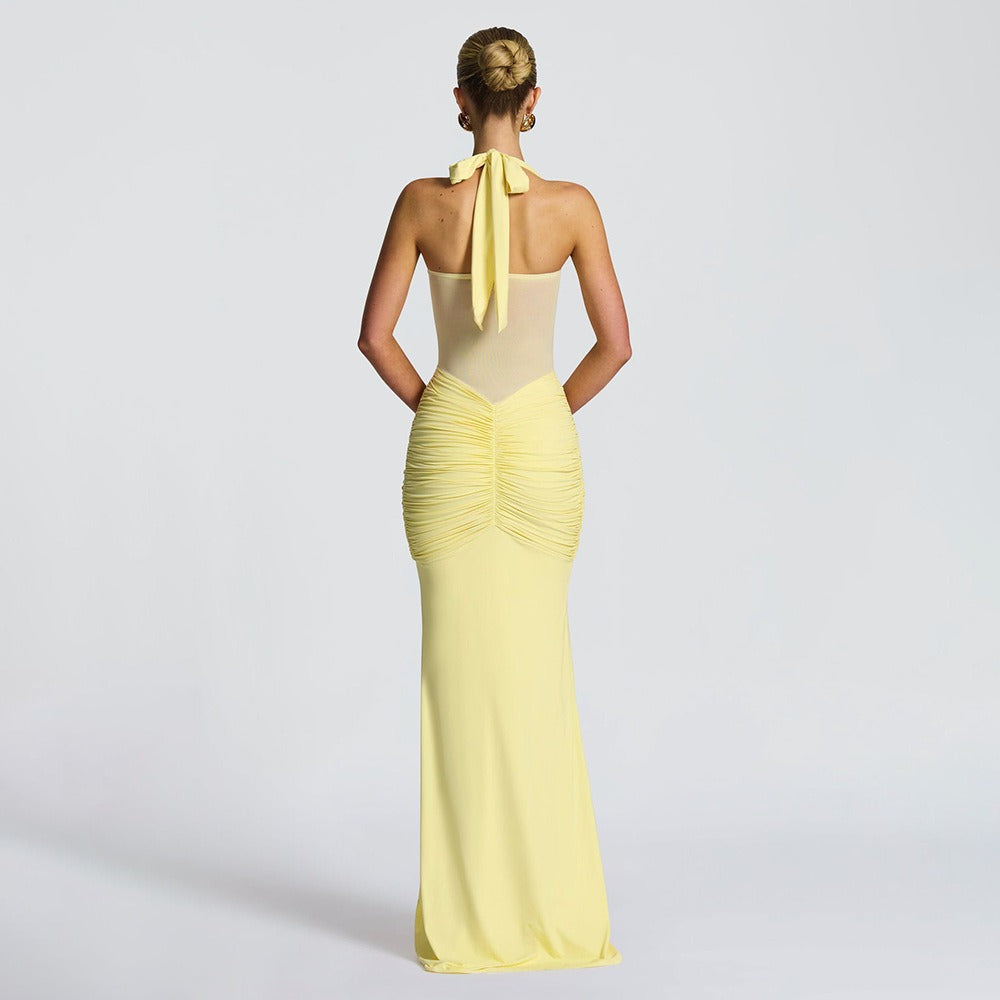 Robe Longue Moulante Froncée pour Femme – Robe de Soirée à Empiècement Transparent