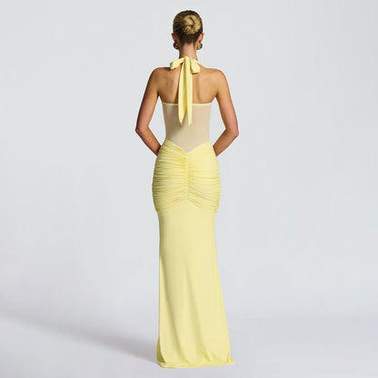 Robe Longue Moulante Froncée pour Femme – Robe de Soirée à Empiècement Transparent