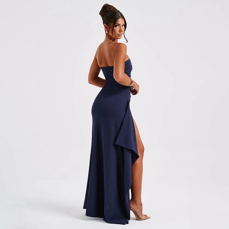 Robe Longue Femme Bustier Plissée Fendue – Silhouette Élégante et Formelle