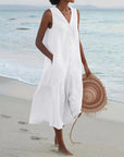 Robe Femme en Coton Sans Manches Longueur Midi – Boutonnée et Évasée à Volants
