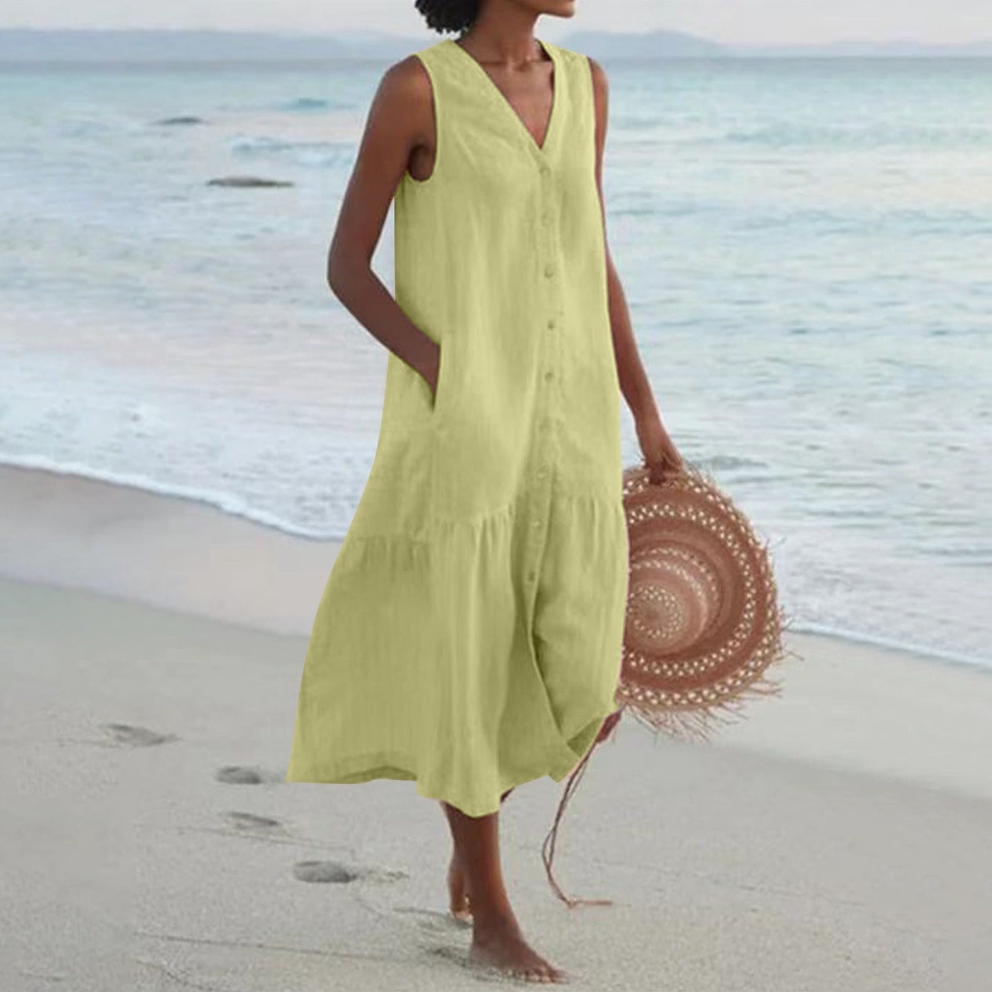 Robe Femme en Coton Sans Manches Longueur Midi – Boutonnée et Évasée à Volants