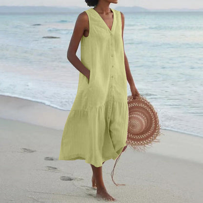 Robe Femme en Coton Sans Manches Longueur Midi – Boutonnée et Évasée à Volants