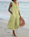 Robe Femme en Coton Sans Manches Longueur Midi – Boutonnée et Évasée à Volants