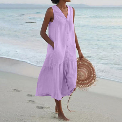 Robe Femme en Coton Sans Manches Longueur Midi – Boutonnée et Évasée à Volants