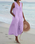 Robe Femme en Coton Sans Manches Longueur Midi – Boutonnée et Évasée à Volants