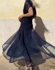 Robe Longue Femme en Mousseline – Col V Imprimé Manches Courtes
