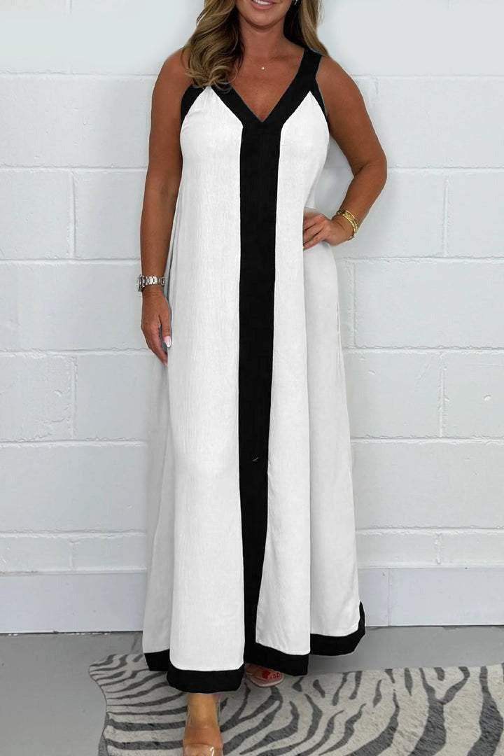 Robe Longue Femme sans Manches Bicolore – Col V Coupe Ample
