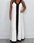 Robe Longue Femme sans Manches Bicolore – Col V Coupe Ample