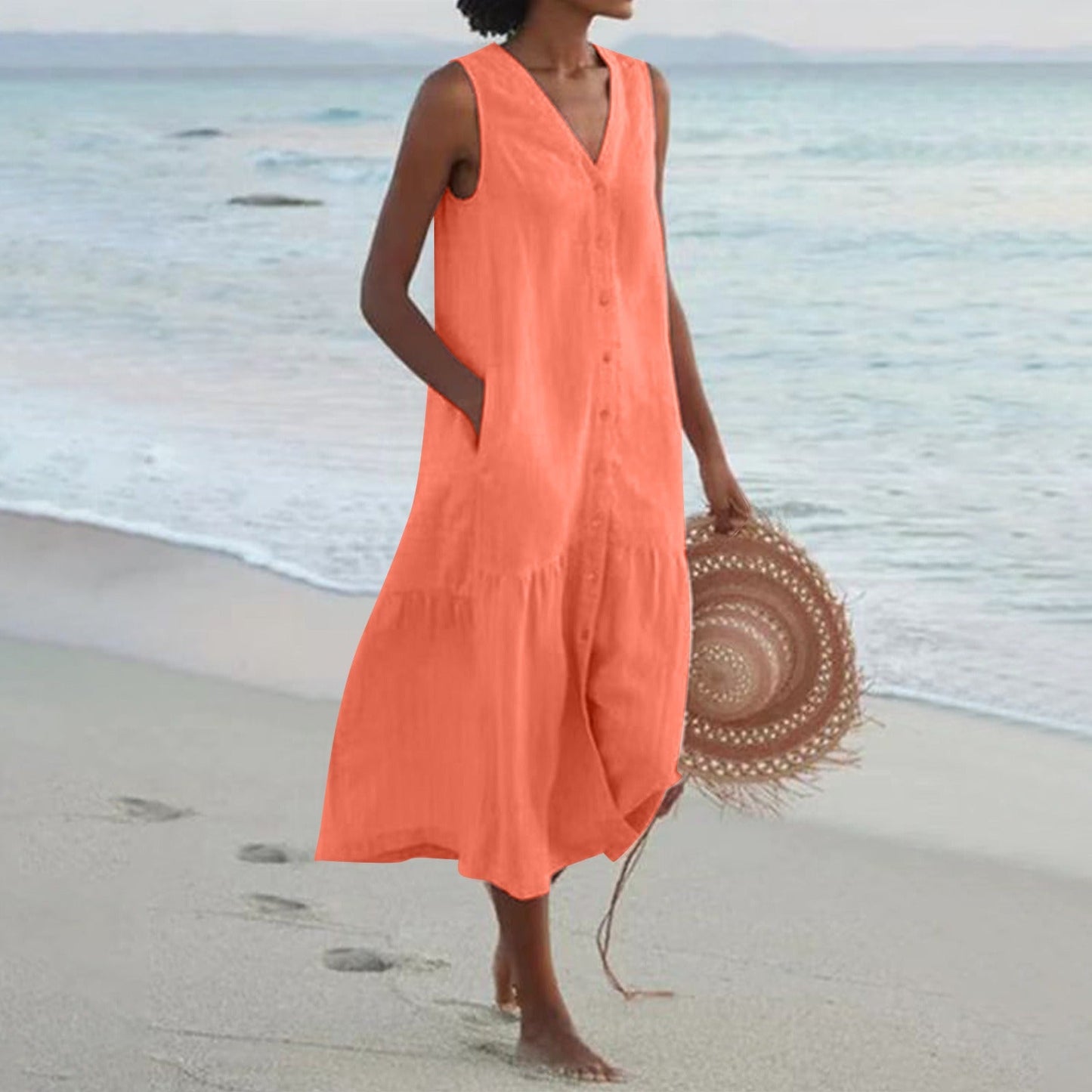 Robe Femme en Coton Sans Manches Longueur Midi – Boutonnée et Évasée à Volants