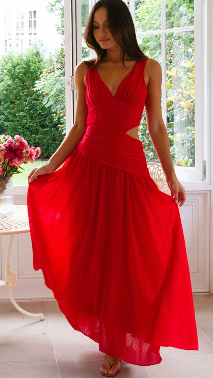 Robe Maxi Femme Sans Manches à Découpes en Coton – Coupe Fluide Ajustée Col V