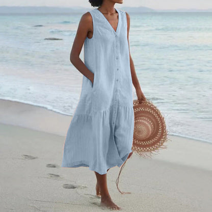 Robe Femme en Coton Sans Manches Longueur Midi – Boutonnée et Évasée à Volants