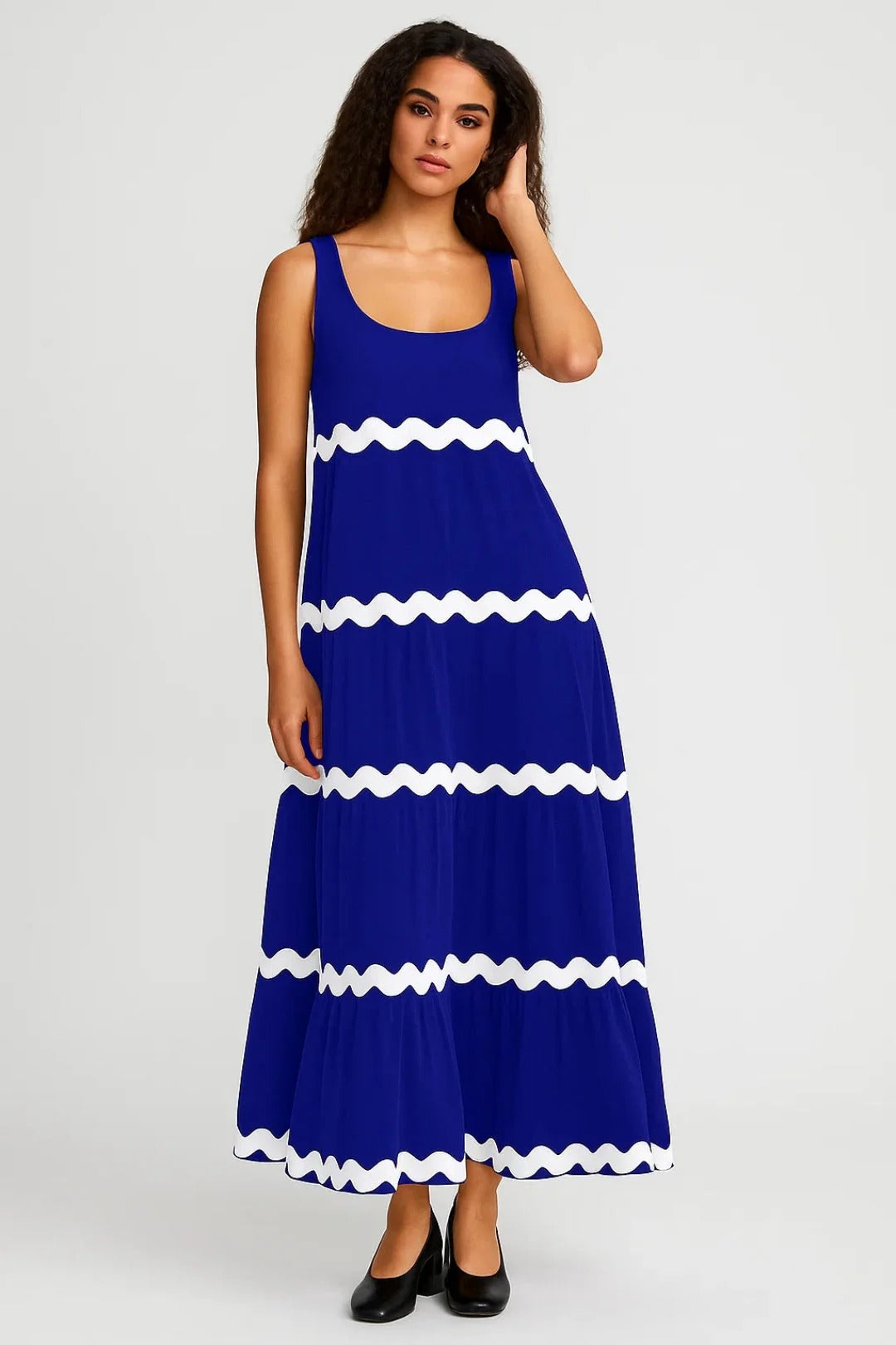 Robe Longue Femme Sans Manches – Imprimé Ondulé Col U Coupe Évasée