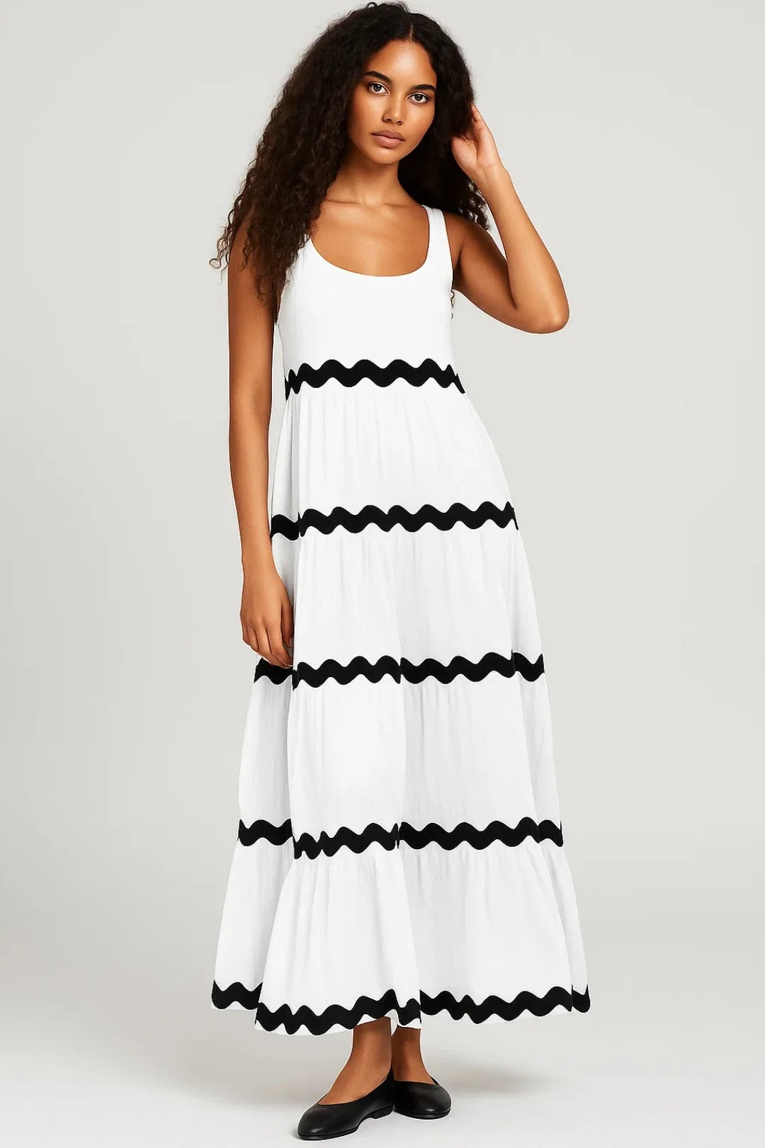 Robe Longue Femme Sans Manches – Imprimé Ondulé Col U Coupe Évasée