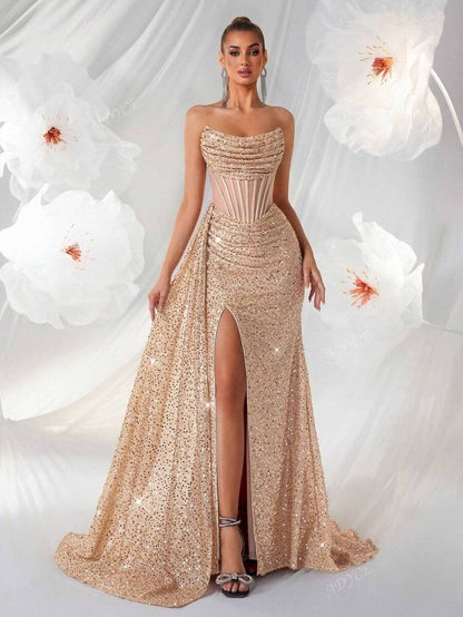 Robe de soirée longue pour femme – Corsage structuré semi-transparent et jupe évasée