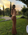 Robe Longue Femme Moulante à Dos Nu – Col Halter Froncé avec Découpes